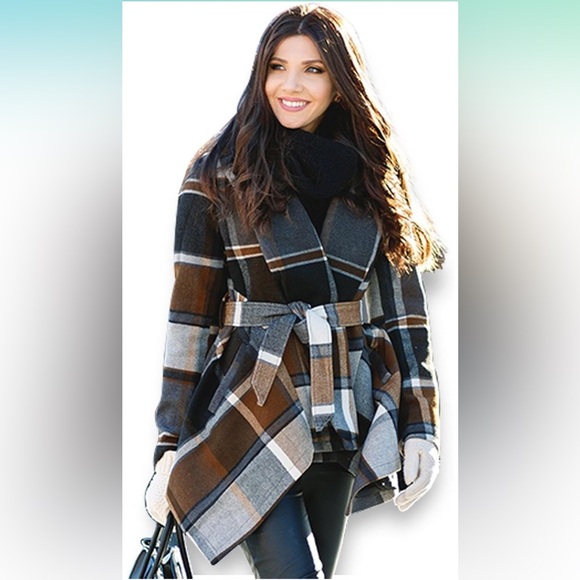 Women's Coat Turn Down‎ Shawl Collar Earth Check Asymmetric Hemline Wool Blend M - Picture 3 of 7